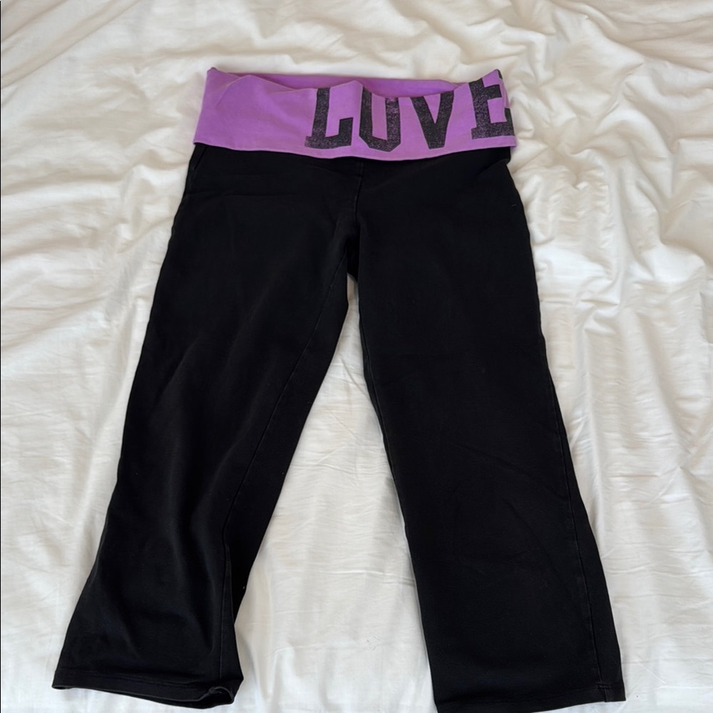 PINK Victoria's Secret Black Leggings with Purple LOVE Waistband